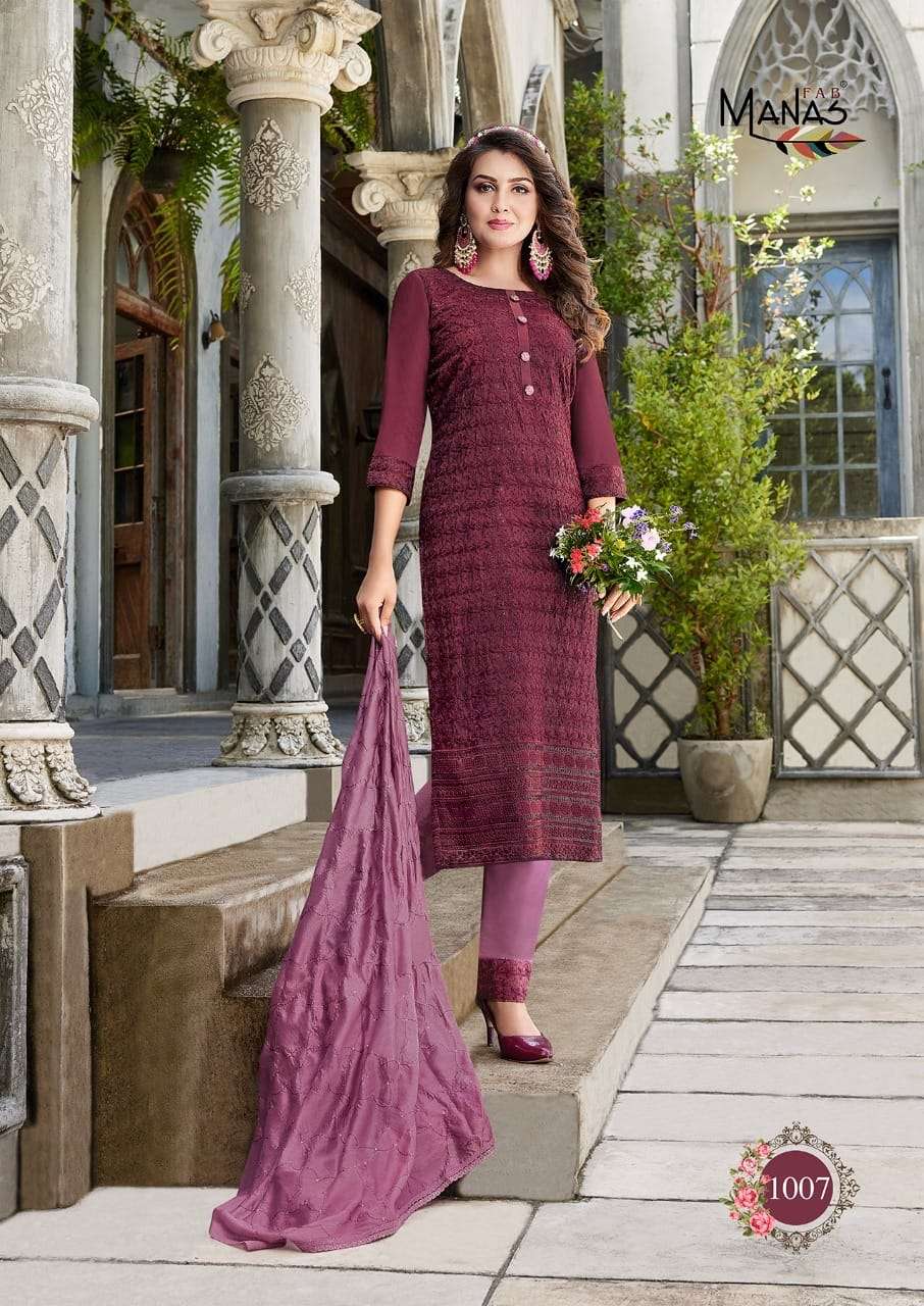 BOMBAY SCHIFFLI VOL-2 BY MANAS FAB 1007 TO 1012 SERIES INDIAN SUITS BEAUTIFUL FANCY COLORFUL STYLISH PARTY WEAR & OCCASIONAL WEAR HEAVY CHINNON DRESSES AT WHOLESALE PRICE