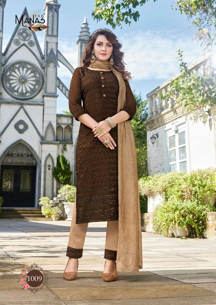 BOMBAY SCHIFFLI VOL-2 BY MANAS FAB 1007 TO 1012 SERIES INDIAN SUITS BEAUTIFUL FANCY COLORFUL STYLISH PARTY WEAR & OCCASIONAL WEAR HEAVY CHINNON DRESSES AT WHOLESALE PRICE