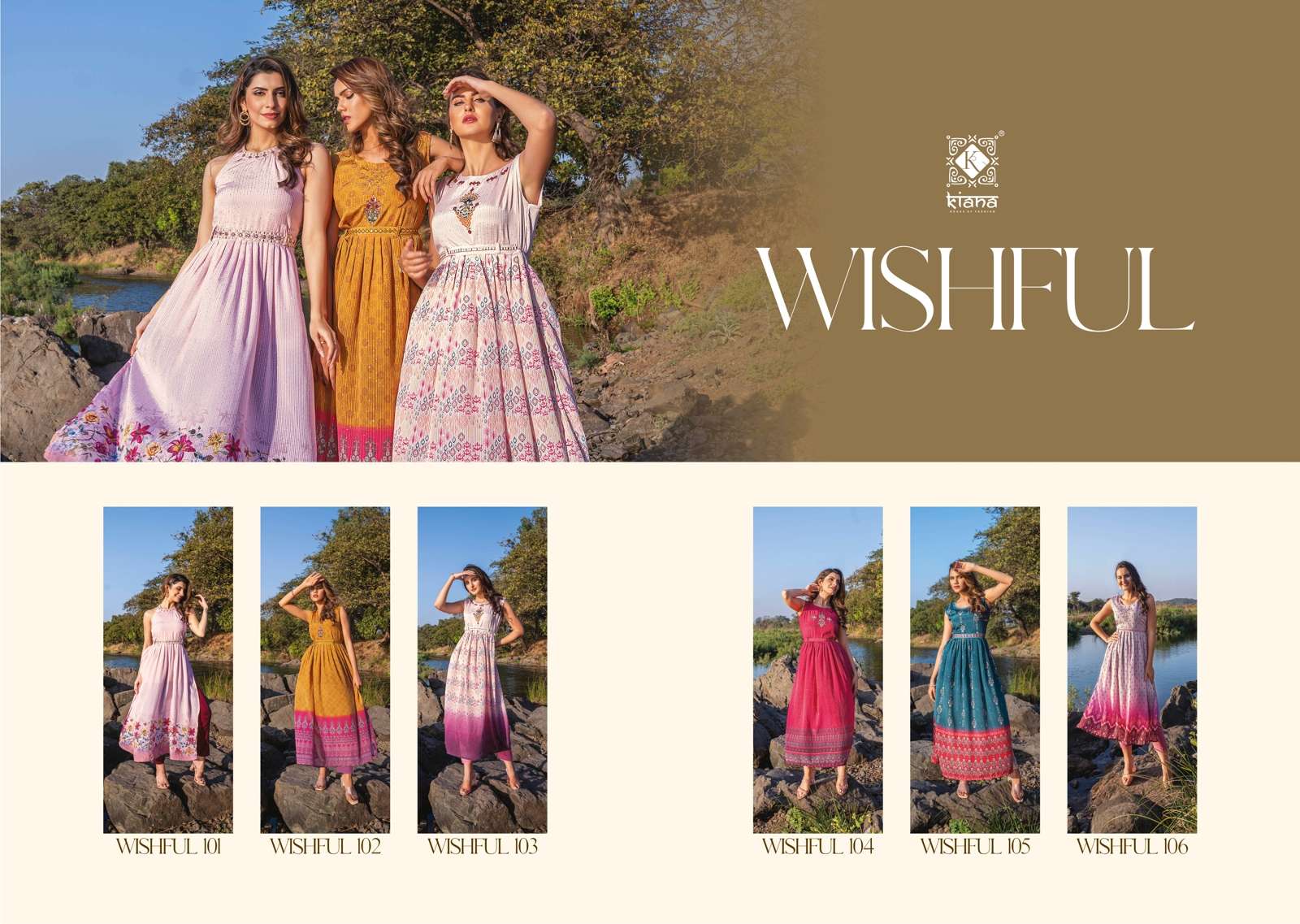 WISHFUL BY KIANA 101 TO 106 SERIES BEAUTIFUL STYLISH FANCY COLORFUL CASUAL WEAR & ETHNIC WEAR CHINNON DIGITAL PRINT GOWNS AT WHOLESALE PRICE
