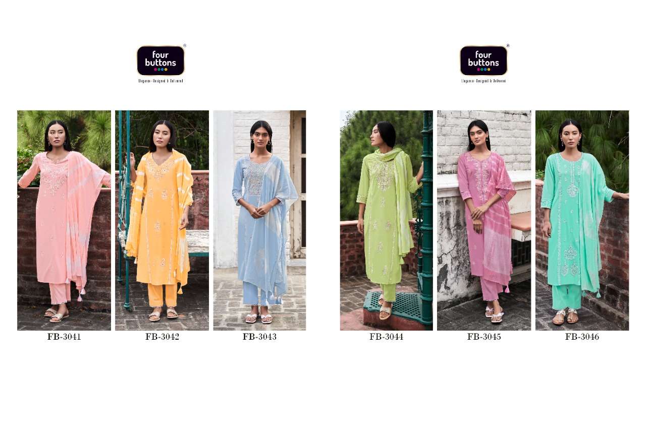 FANAA BY FOUR BUTTONS 3041 TO 3046 SERIES BEAUTIFUL SUITS COLORFUL STYLISH FANCY CASUAL WEAR & ETHNIC WEAR PURE COTTON MAL DRESSES AT WHOLESALE PRICE