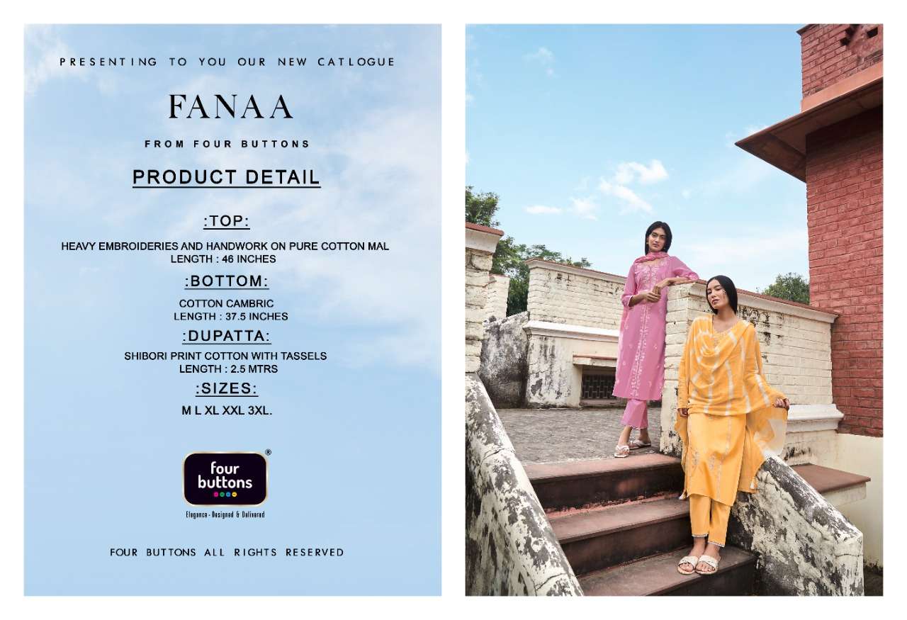 FANAA BY FOUR BUTTONS 3041 TO 3046 SERIES BEAUTIFUL SUITS COLORFUL STYLISH FANCY CASUAL WEAR & ETHNIC WEAR PURE COTTON MAL DRESSES AT WHOLESALE PRICE