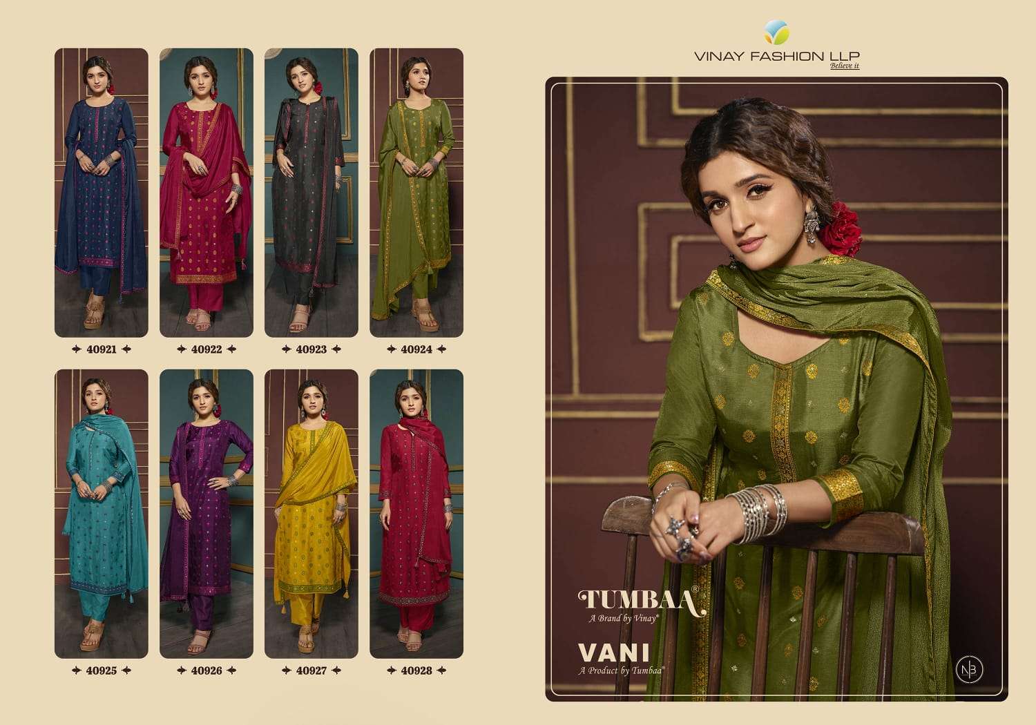 Tumbaa Vani By Vinay Fashion 40921 To 40928 Series Beautiful Suits Colorful Stylish Fancy Casual Wear & Ethnic Wear Dola Jacquard Embroidered Dresses At Wholesale Price