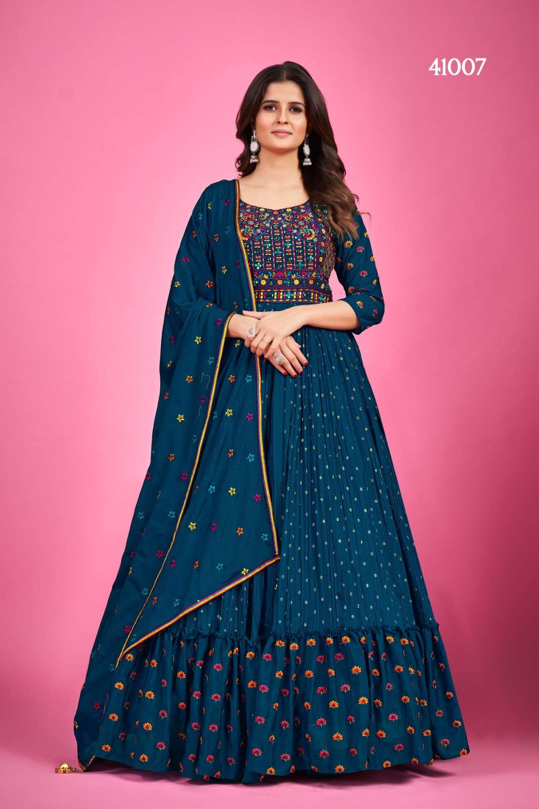 ZOYA BY ARYA DESIGNS 41001 TO 41007 SERIES BEAUTIFUL STYLISH FANCY COLORFUL CASUAL WEAR & ETHNIC WEAR PURE GEORGETTE/CHINNON SILK GOWNS WITH DUPATTA AT WHOLESALE PRICE