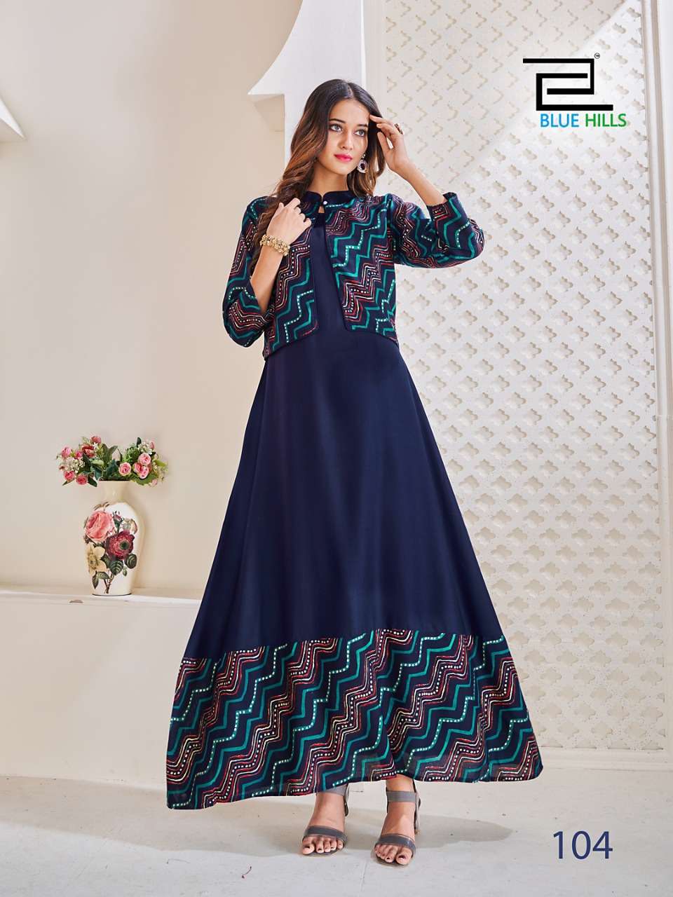 HELLO JACKET BY BLUE HILLS 101 TO 104 SERIES BEAUTIFUL STYLISH FANCY COLORFUL CASUAL WEAR & ETHNIC WEAR RAYON GOWNS WITH JACKET AT WHOLESALE PRICE