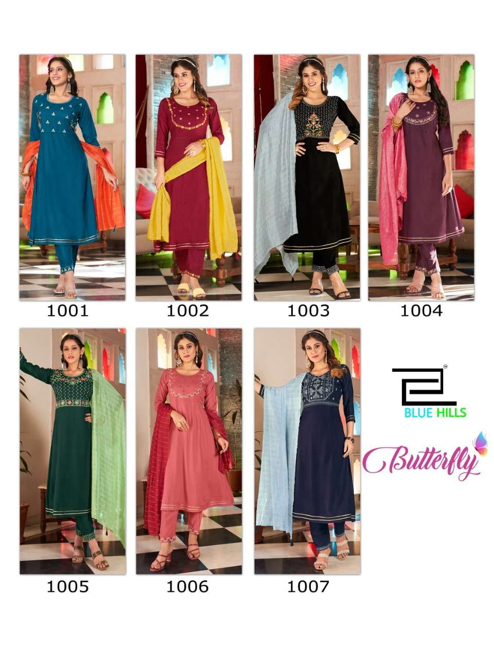 BUTTERFLY BY BLUE HILLS 1001 TO 1007 SERIES BEAUTIFUL SUITS COLORFUL STYLISH FANCY CASUAL WEAR & ETHNIC WEAR RAYON SLUB DRESSES AT WHOLESALE PRICE