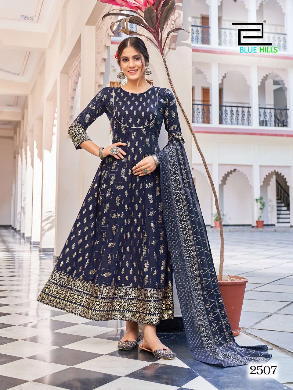 GLAMOUR VOL-25 BY BLUE HILLS 2501 TO 2508 SERIES BEAUTIFUL STYLISH FANCY COLORFUL CASUAL WEAR & ETHNIC WEAR RAYON FOIL GOWNS WITH DUPATTA AT WHOLESALE PRICE