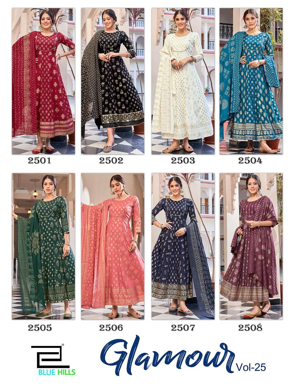 GLAMOUR VOL-25 BY BLUE HILLS 2501 TO 2508 SERIES BEAUTIFUL STYLISH FANCY COLORFUL CASUAL WEAR & ETHNIC WEAR RAYON FOIL GOWNS WITH DUPATTA AT WHOLESALE PRICE