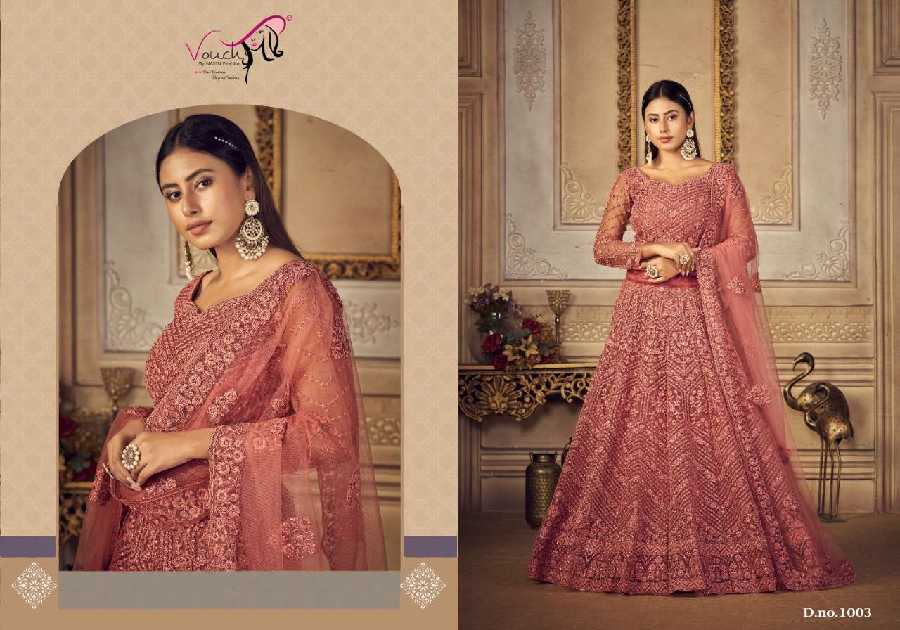 Bridal Ensemble By Vouche 1001 To 1005 Series Beautiful Colorful Fancy Wedding Collection Occasional Wear & Party Wear Net Embroidered Lehengas At Wholesale Price