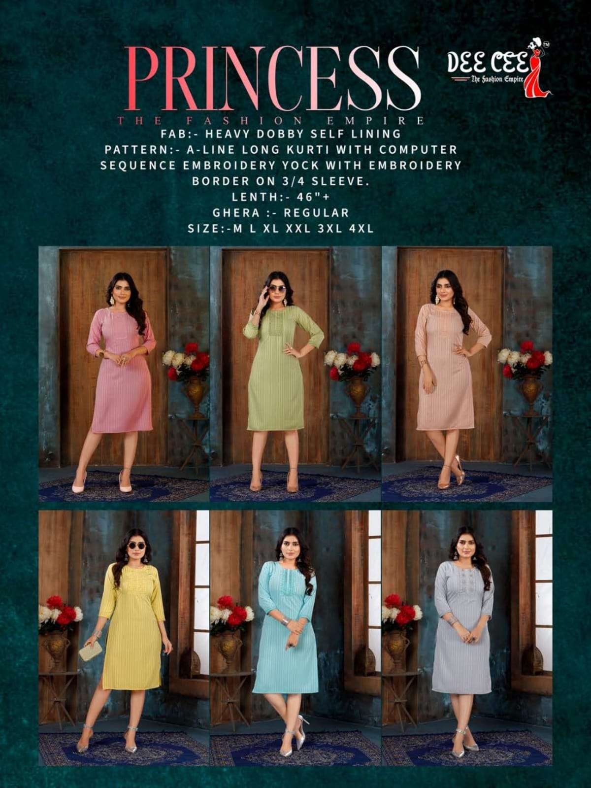 PRINCESS BY DEE CEE 1001 TO 1006 SERIES DESIGNER STYLISH FANCY COLORFUL BEAUTIFUL PARTY WEAR & ETHNIC WEAR COLLECTION HEAVY DOBBY KURTIS AT WHOLESALE PRICE