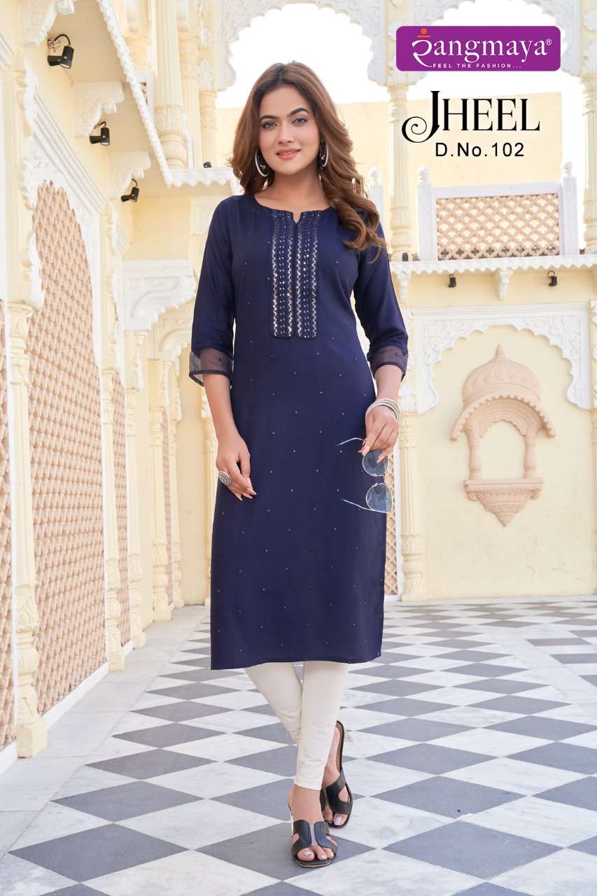 JHEEL BY RANGMAYA 101 TO 108 SERIES DESIGNER STYLISH FANCY COLORFUL BEAUTIFUL PARTY WEAR & ETHNIC WEAR COLLECTION RAYON KURTIS AT WHOLESALE PRICE