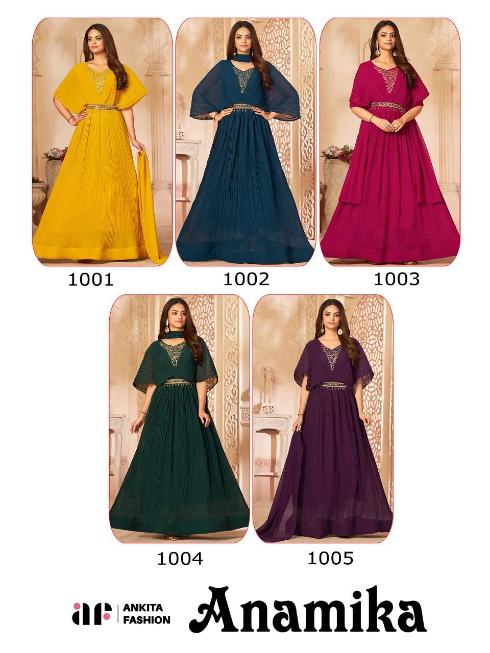 ANAMIKA BY ANKITA FASHION 1001 TO 1005 SERIES BEAUTIFUL STYLISH FANCY COLORFUL CASUAL WEAR & ETHNIC WEAR PURE GEORGETTE GOWNS WITH DUPATTA AT WHOLESALE PRICE
