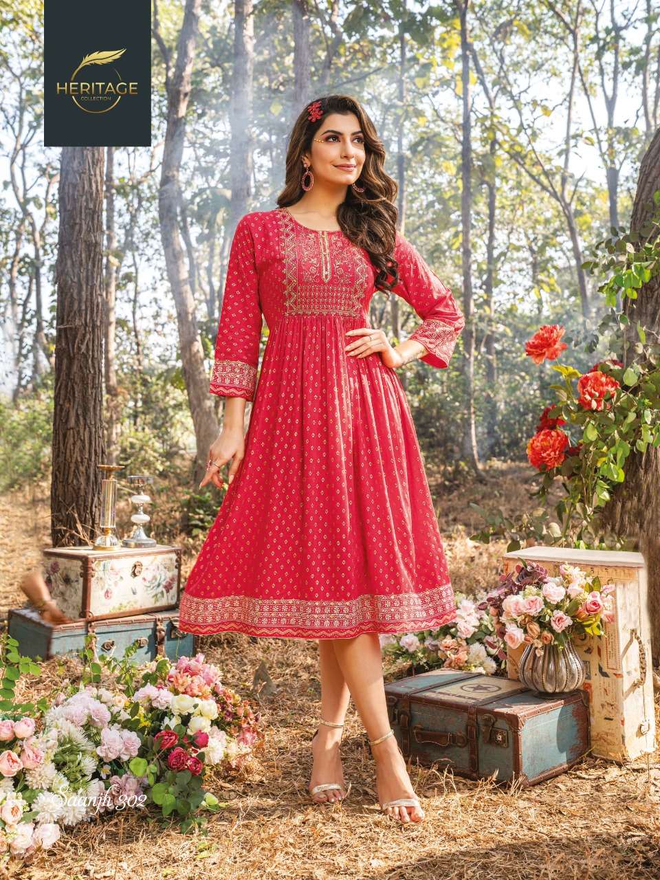 SAANJH VOL-3 BY HERITAGE 301 TO 306 SERIES DESIGNER STYLISH FANCY COLORFUL BEAUTIFUL PARTY WEAR & ETHNIC WEAR COLLECTION RAYON KURTIS AT WHOLESALE PRICE