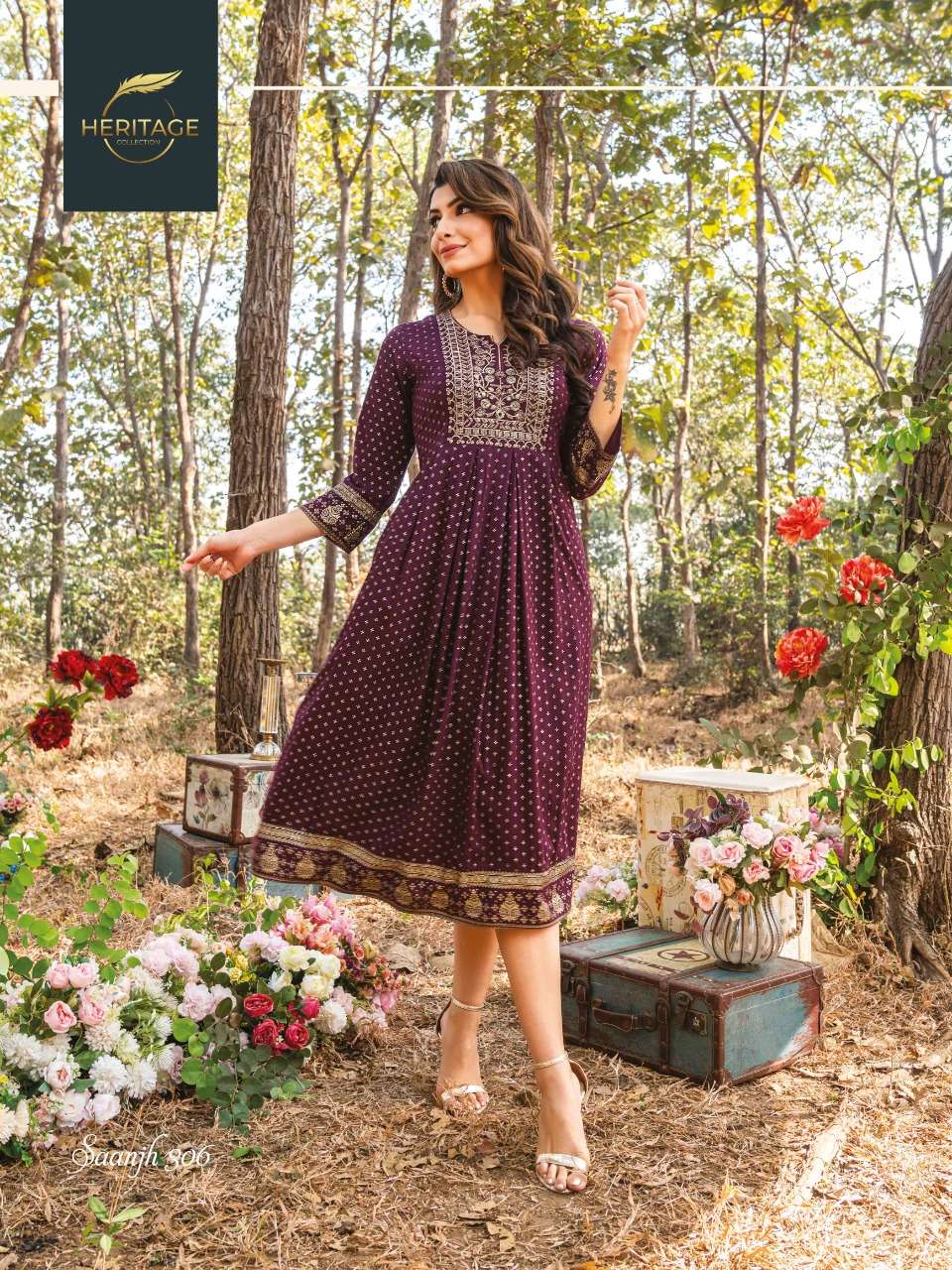 SAANJH VOL-3 BY HERITAGE 301 TO 306 SERIES DESIGNER STYLISH FANCY COLORFUL BEAUTIFUL PARTY WEAR & ETHNIC WEAR COLLECTION RAYON KURTIS AT WHOLESALE PRICE