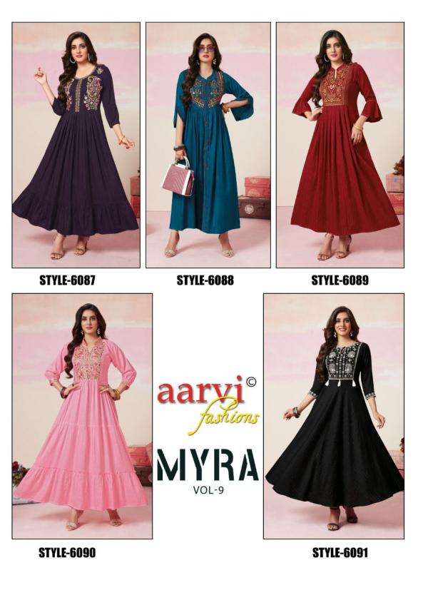 MYRA VOL-9 BY AARVI FASHION 6087 TO 6091 SERIES BEAUTIFUL STYLISH FANCY COLORFUL CASUAL WEAR & ETHNIC WEAR RAYON SLUB GOWNS AT WHOLESALE PRICE