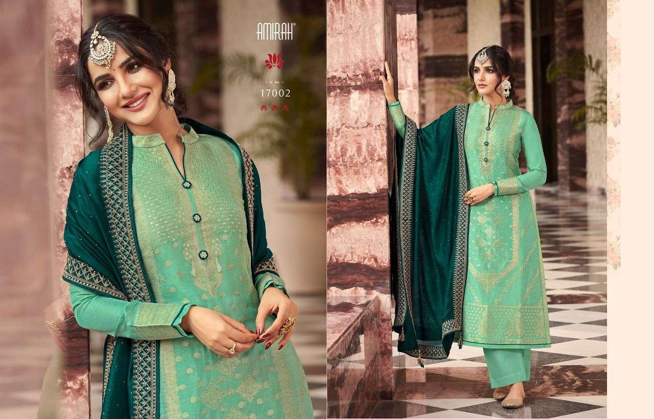KHWAHISH VOL-2 HIT LIST BY AMIRAH 17001 TO 17005 SERIES BEAUTIFUL STYLISH SUITS FANCY COLORFUL CASUAL WEAR & ETHNIC WEAR & READY TO WEAR DOLA SILK JACQUARD DRESSES AT WHOLESALE PRICE
