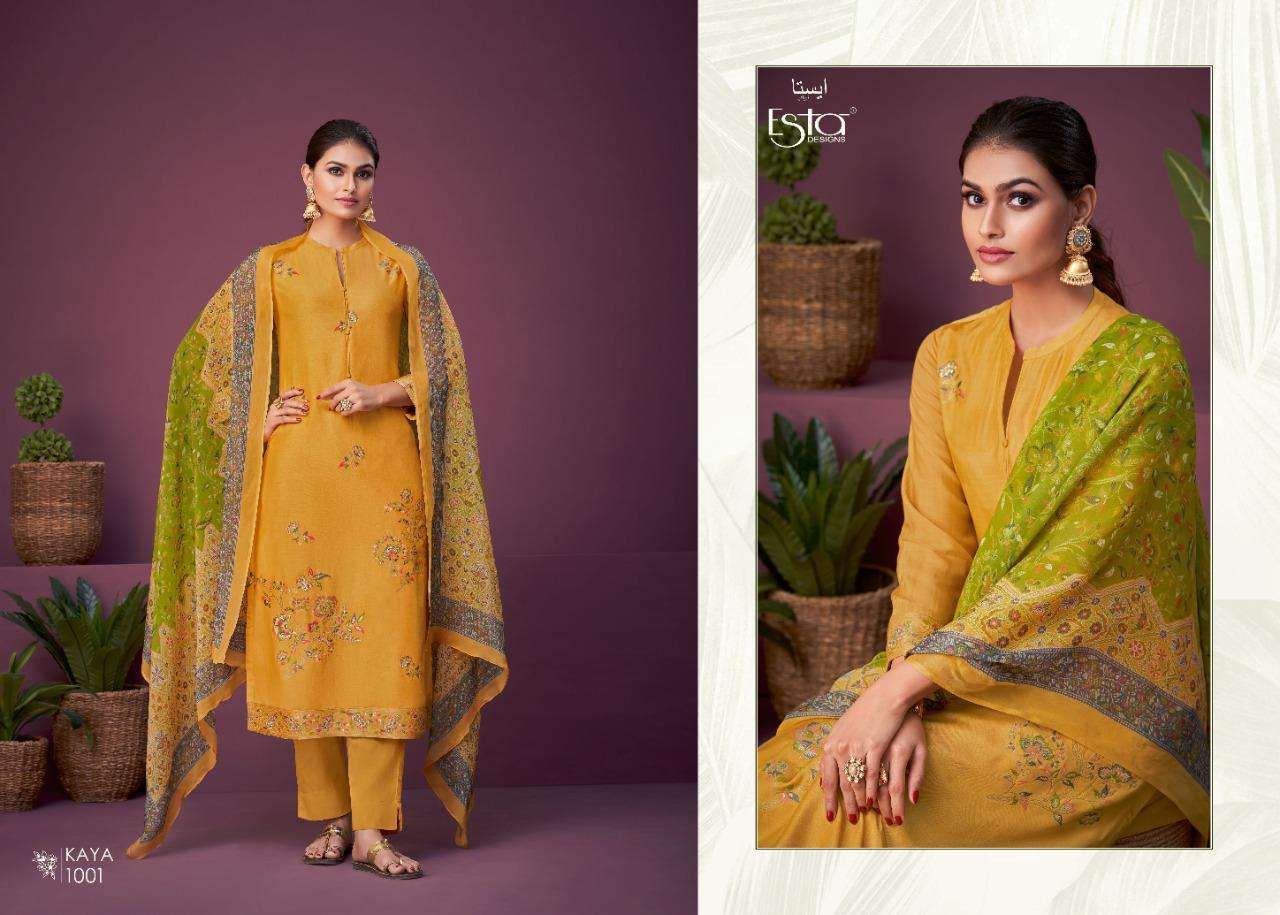 KAYA BY ESTA DESIGNS 1001 TO 1006 SERIES DESIGNER FESTIVE SUITS COLLECTION BEAUTIFUL STYLISH FANCY COLORFUL PARTY WEAR & OCCASIONAL WEAR MUSLIN JACQUARD DRESSES AT WHOLESALE PRICE