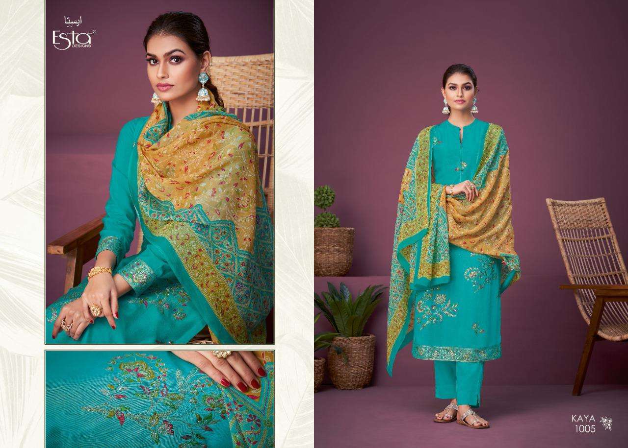KAYA BY ESTA DESIGNS 1001 TO 1006 SERIES DESIGNER FESTIVE SUITS COLLECTION BEAUTIFUL STYLISH FANCY COLORFUL PARTY WEAR & OCCASIONAL WEAR MUSLIN JACQUARD DRESSES AT WHOLESALE PRICE