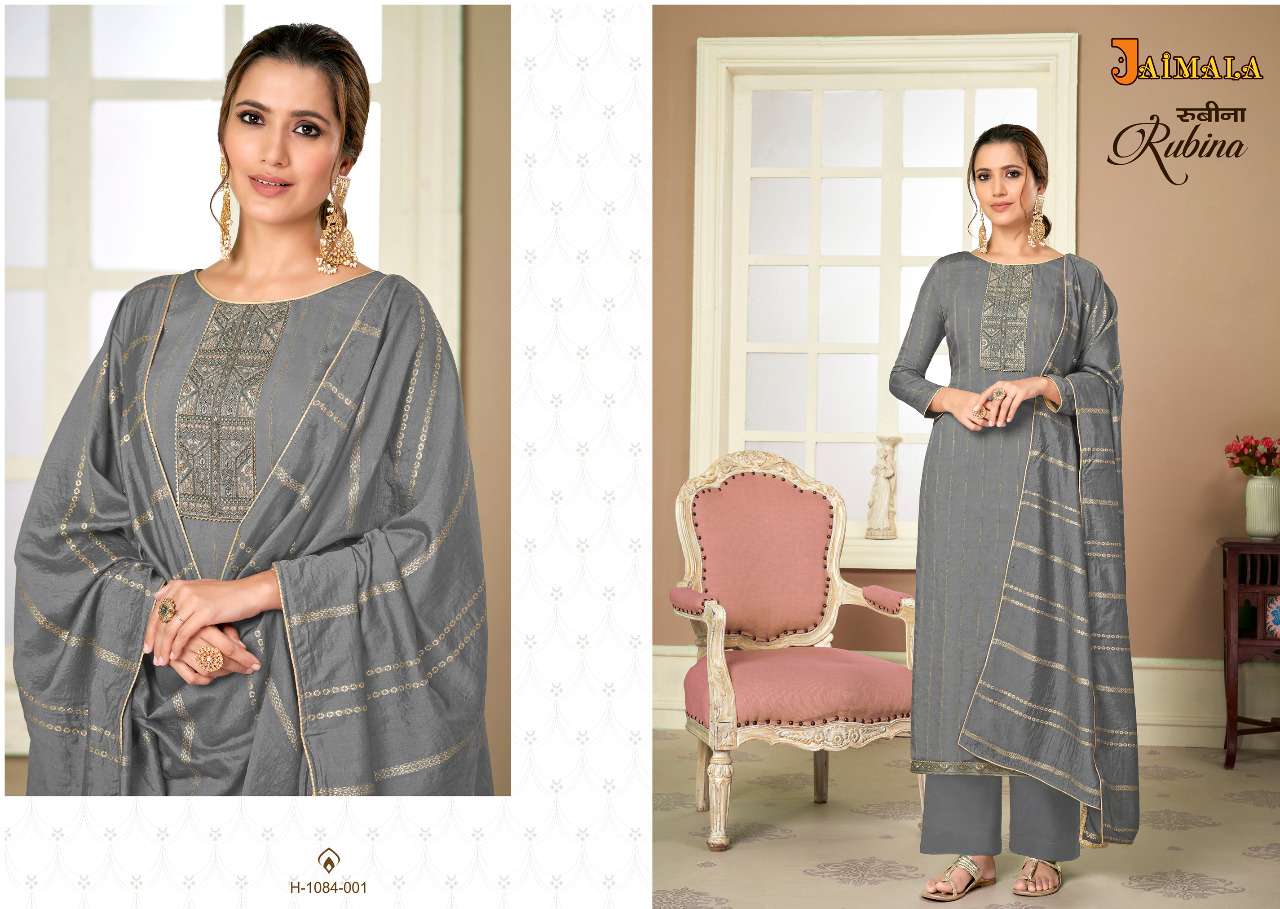 RUBINA BY JAIMALA 1084-001 TO 1084-006 SERIES INDIAN SUITS BEAUTIFUL FANCY COLORFUL STYLISH PARTY WEAR & OCCASIONAL WEAR VISCOSE MUSLIN DRESSES AT WHOLESALE PRICE