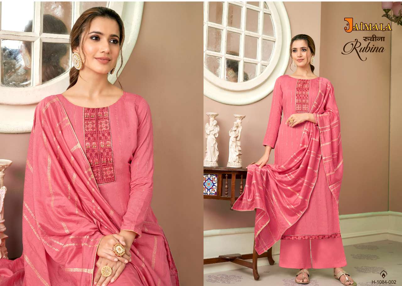 RUBINA BY JAIMALA 1084-001 TO 1084-006 SERIES INDIAN SUITS BEAUTIFUL FANCY COLORFUL STYLISH PARTY WEAR & OCCASIONAL WEAR VISCOSE MUSLIN DRESSES AT WHOLESALE PRICE