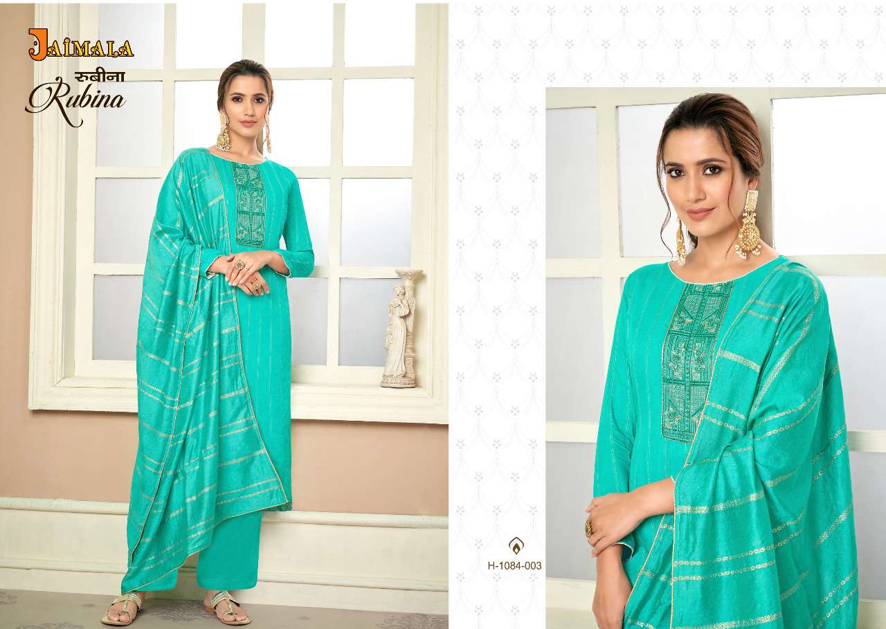 RUBINA BY JAIMALA 1084-001 TO 1084-006 SERIES INDIAN SUITS BEAUTIFUL FANCY COLORFUL STYLISH PARTY WEAR & OCCASIONAL WEAR VISCOSE MUSLIN DRESSES AT WHOLESALE PRICE