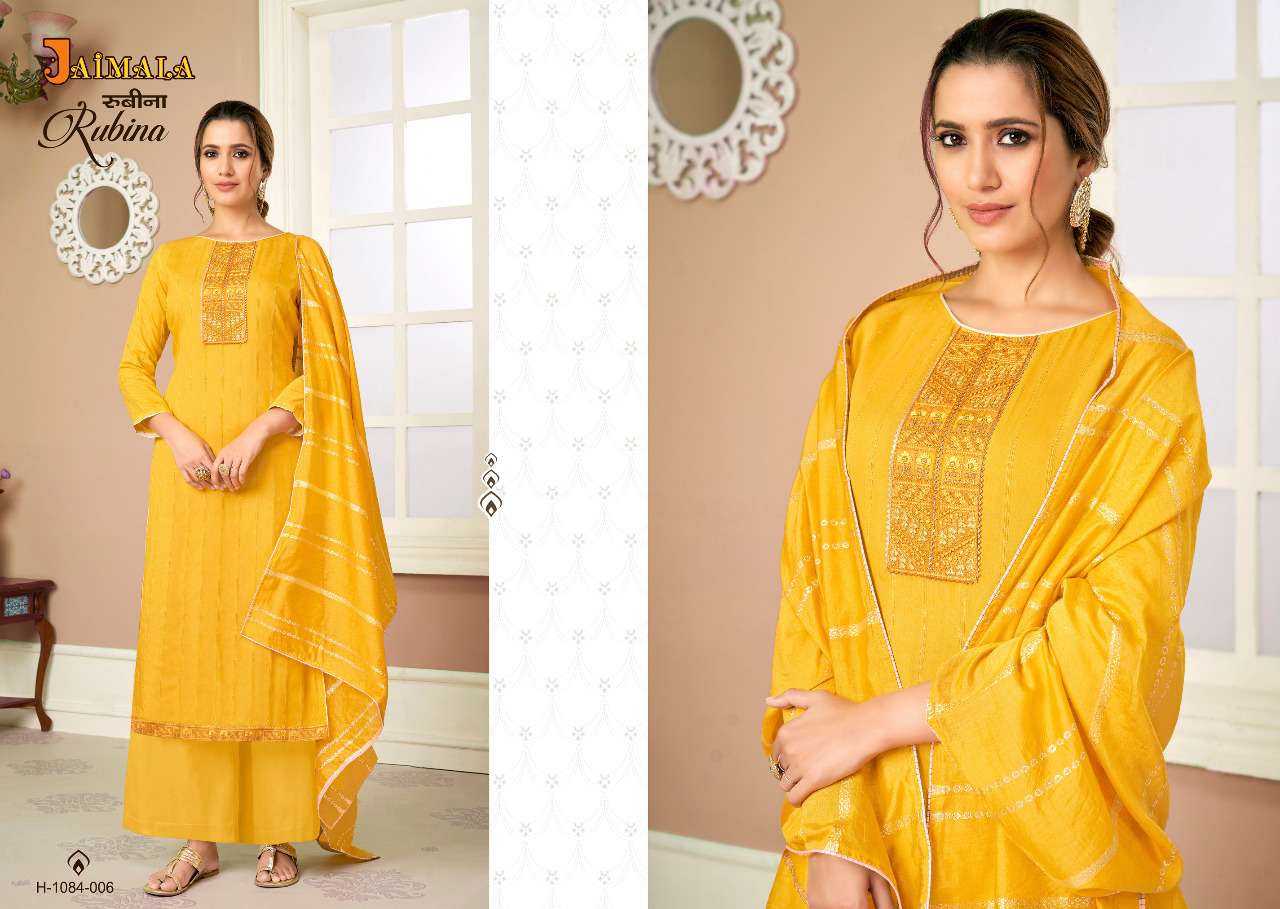 RUBINA BY JAIMALA 1084-001 TO 1084-006 SERIES INDIAN SUITS BEAUTIFUL FANCY COLORFUL STYLISH PARTY WEAR & OCCASIONAL WEAR VISCOSE MUSLIN DRESSES AT WHOLESALE PRICE