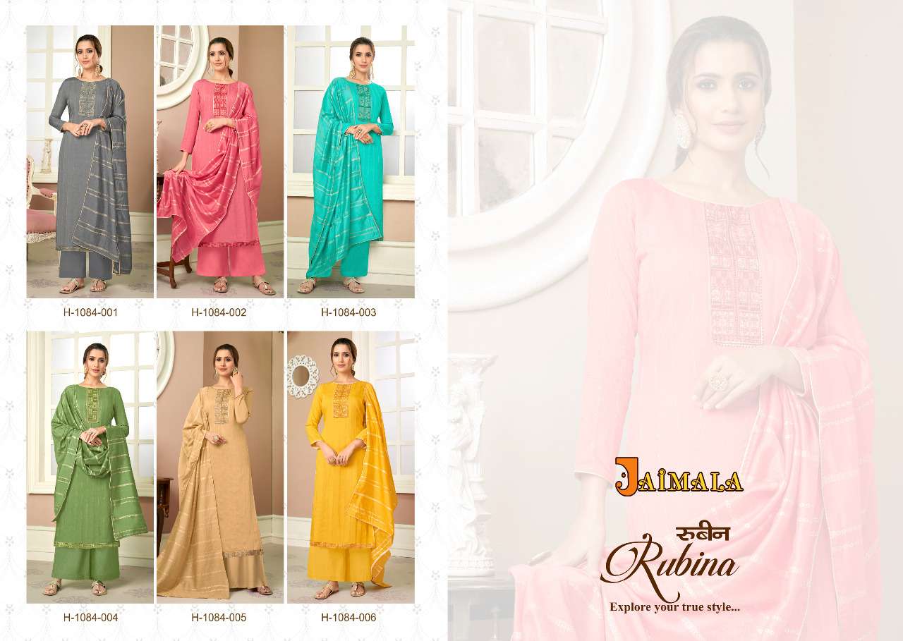 RUBINA BY JAIMALA 1084-001 TO 1084-006 SERIES INDIAN SUITS BEAUTIFUL FANCY COLORFUL STYLISH PARTY WEAR & OCCASIONAL WEAR VISCOSE MUSLIN DRESSES AT WHOLESALE PRICE