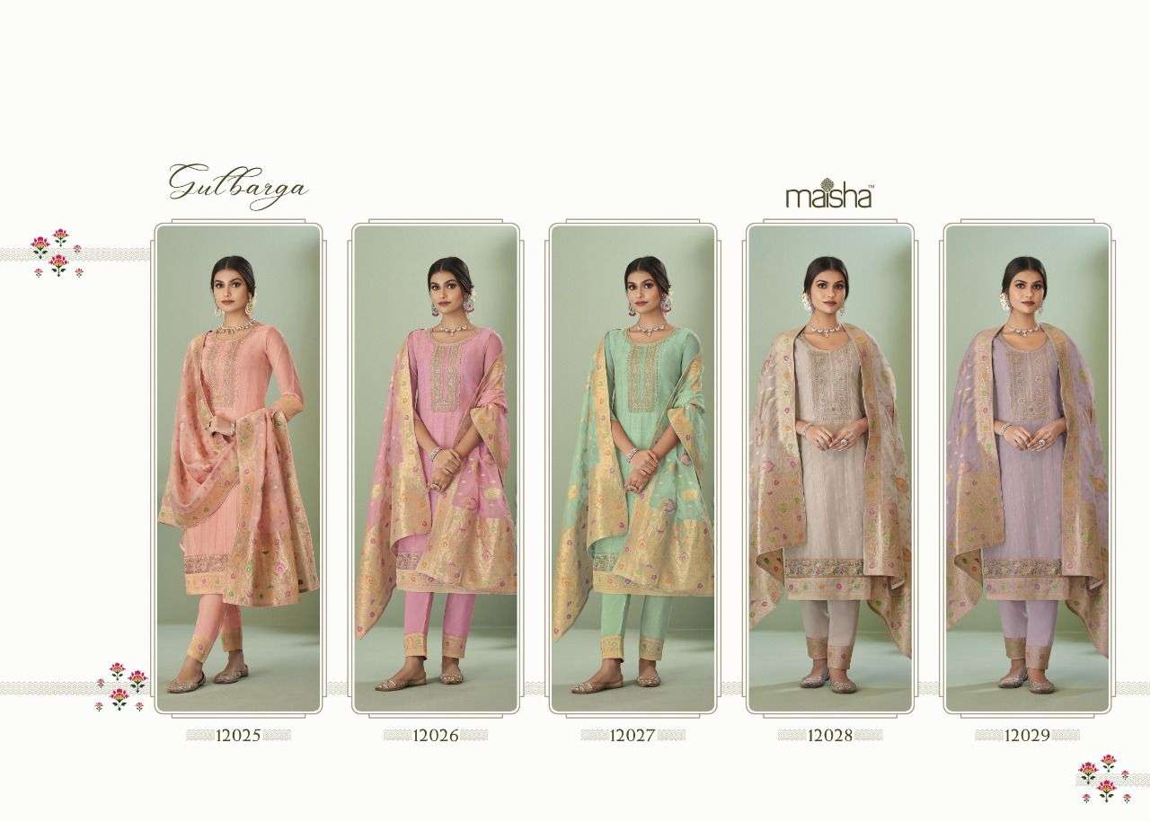 GULBARGA BY MAISHA 12025 TO 12029 SERIES FESTIVE SUITS BEAUTIFUL FANCY COLORFUL STYLISH PARTY WEAR & OCCASIONAL WEAR PURE ORGANZA EMBROIDERY DRESSES AT WHOLESALE PRICE