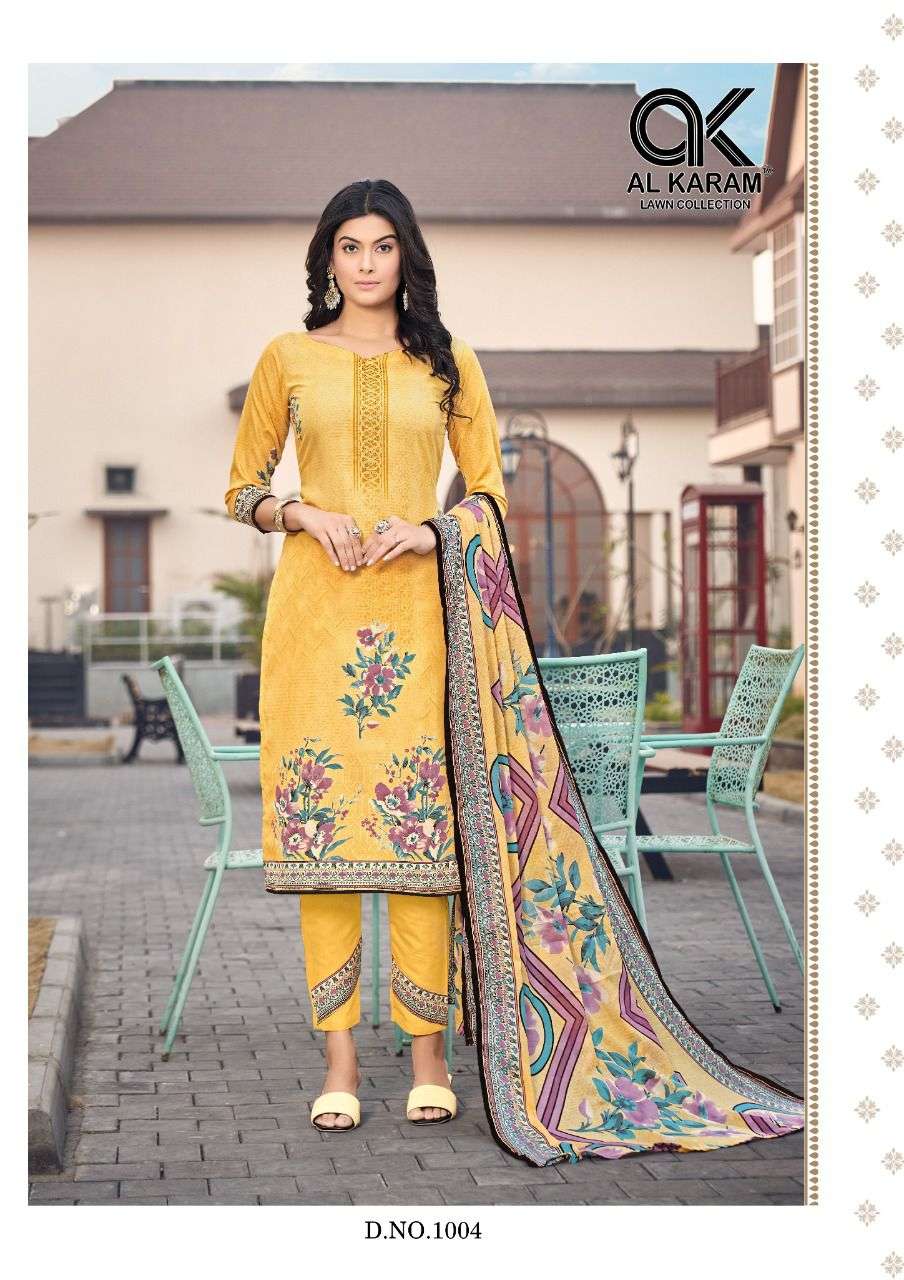 JASMINE BY AL KARAM LAWN COLLECTION 1001 TO 1010 SERIES BEAUTIFUL SUITS COLORFUL STYLISH FANCY CASUAL WEAR & ETHNIC WEAR PURE COTTON DRESSES AT WHOLESALE PRICE