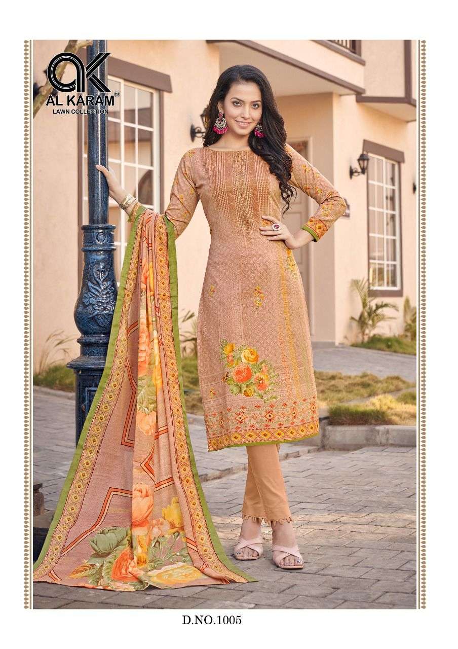 JASMINE BY AL KARAM LAWN COLLECTION 1001 TO 1010 SERIES BEAUTIFUL SUITS COLORFUL STYLISH FANCY CASUAL WEAR & ETHNIC WEAR PURE COTTON DRESSES AT WHOLESALE PRICE