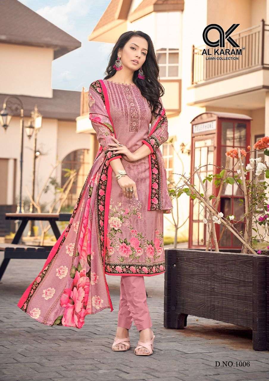 JASMINE BY AL KARAM LAWN COLLECTION 1001 TO 1010 SERIES BEAUTIFUL SUITS COLORFUL STYLISH FANCY CASUAL WEAR & ETHNIC WEAR PURE COTTON DRESSES AT WHOLESALE PRICE