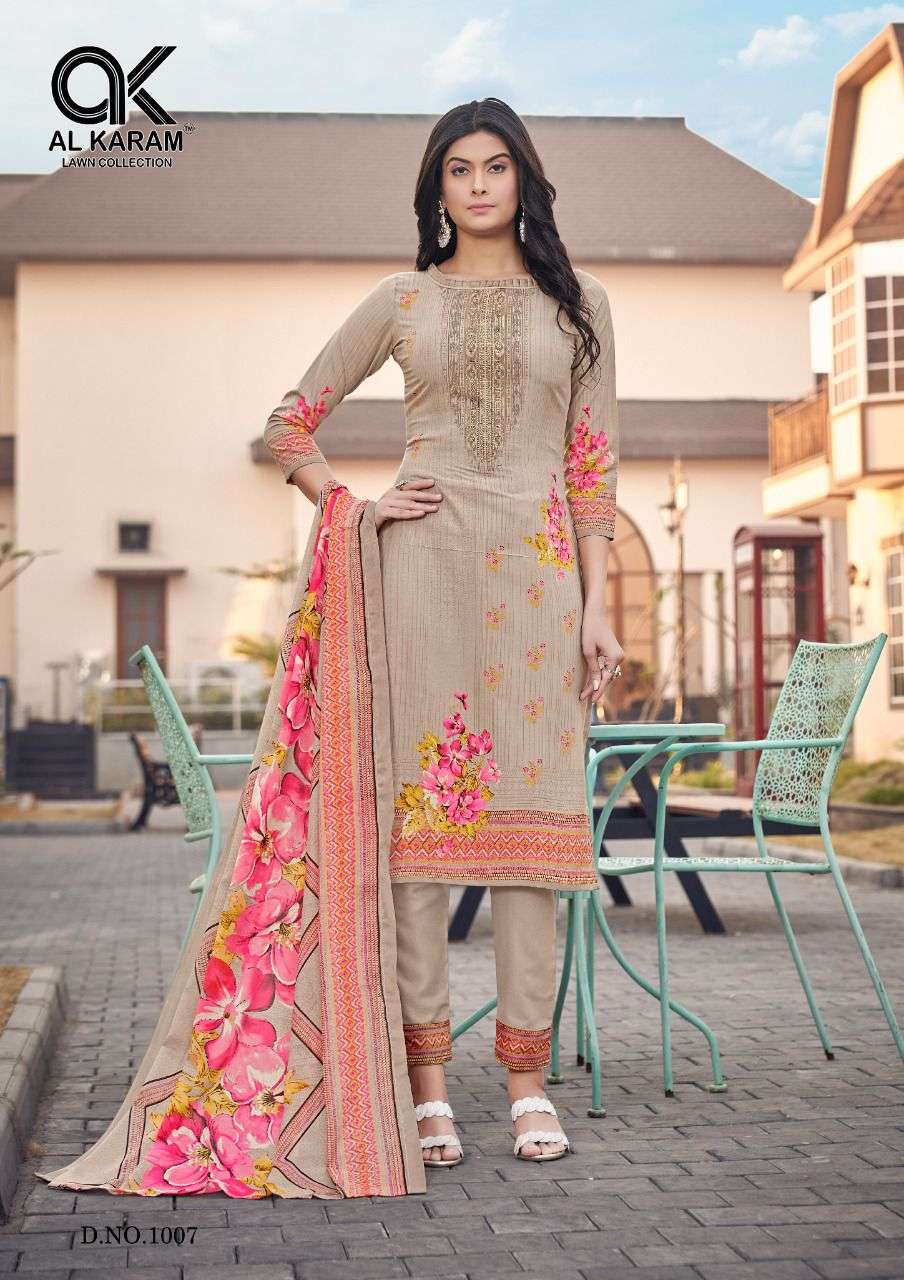 JASMINE BY AL KARAM LAWN COLLECTION 1001 TO 1010 SERIES BEAUTIFUL SUITS COLORFUL STYLISH FANCY CASUAL WEAR & ETHNIC WEAR PURE COTTON DRESSES AT WHOLESALE PRICE