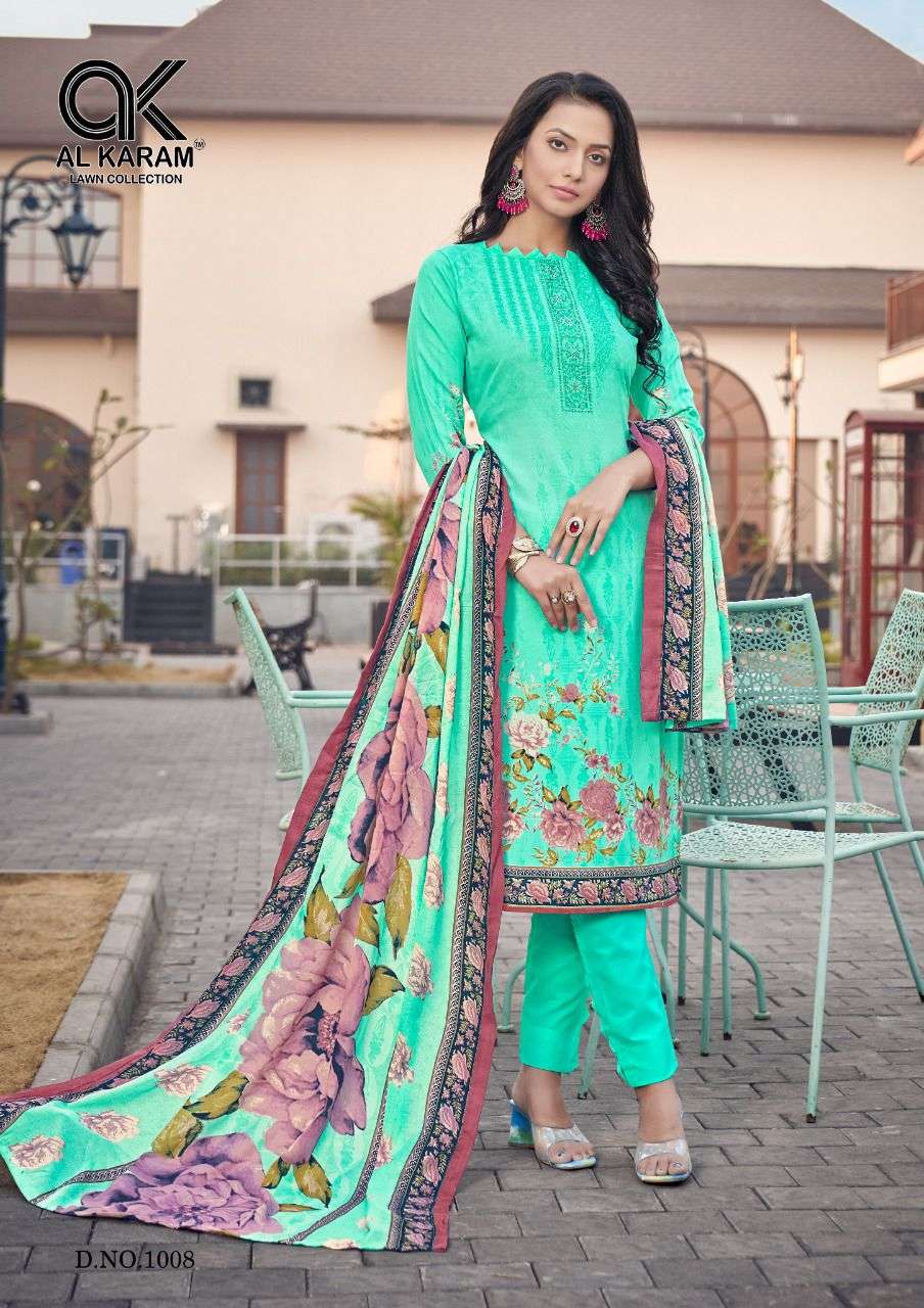 JASMINE BY AL KARAM LAWN COLLECTION 1001 TO 1010 SERIES BEAUTIFUL SUITS COLORFUL STYLISH FANCY CASUAL WEAR & ETHNIC WEAR PURE COTTON DRESSES AT WHOLESALE PRICE