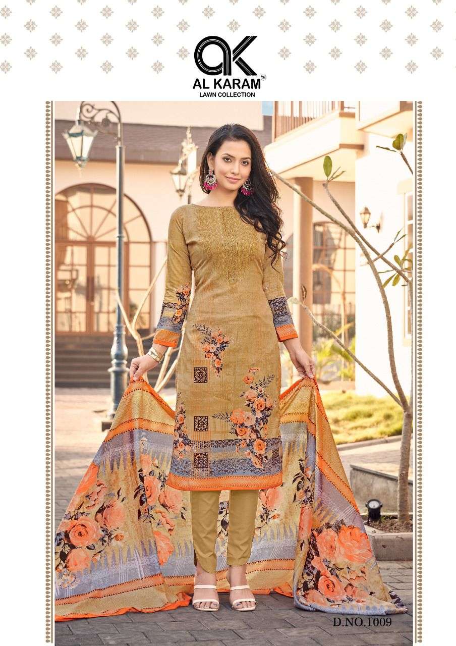 JASMINE BY AL KARAM LAWN COLLECTION 1001 TO 1010 SERIES BEAUTIFUL SUITS COLORFUL STYLISH FANCY CASUAL WEAR & ETHNIC WEAR PURE COTTON DRESSES AT WHOLESALE PRICE