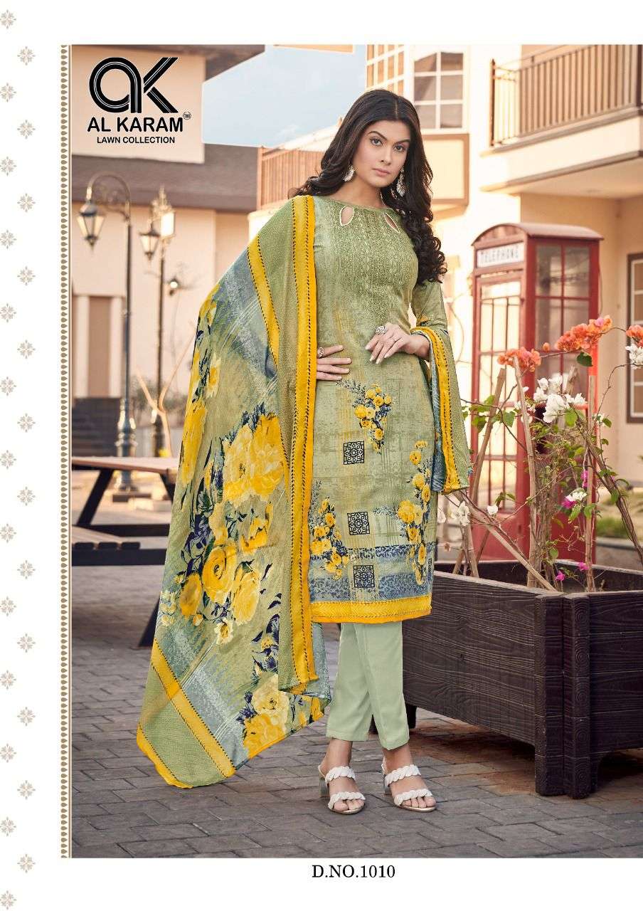 JASMINE BY AL KARAM LAWN COLLECTION 1001 TO 1010 SERIES BEAUTIFUL SUITS COLORFUL STYLISH FANCY CASUAL WEAR & ETHNIC WEAR PURE COTTON DRESSES AT WHOLESALE PRICE