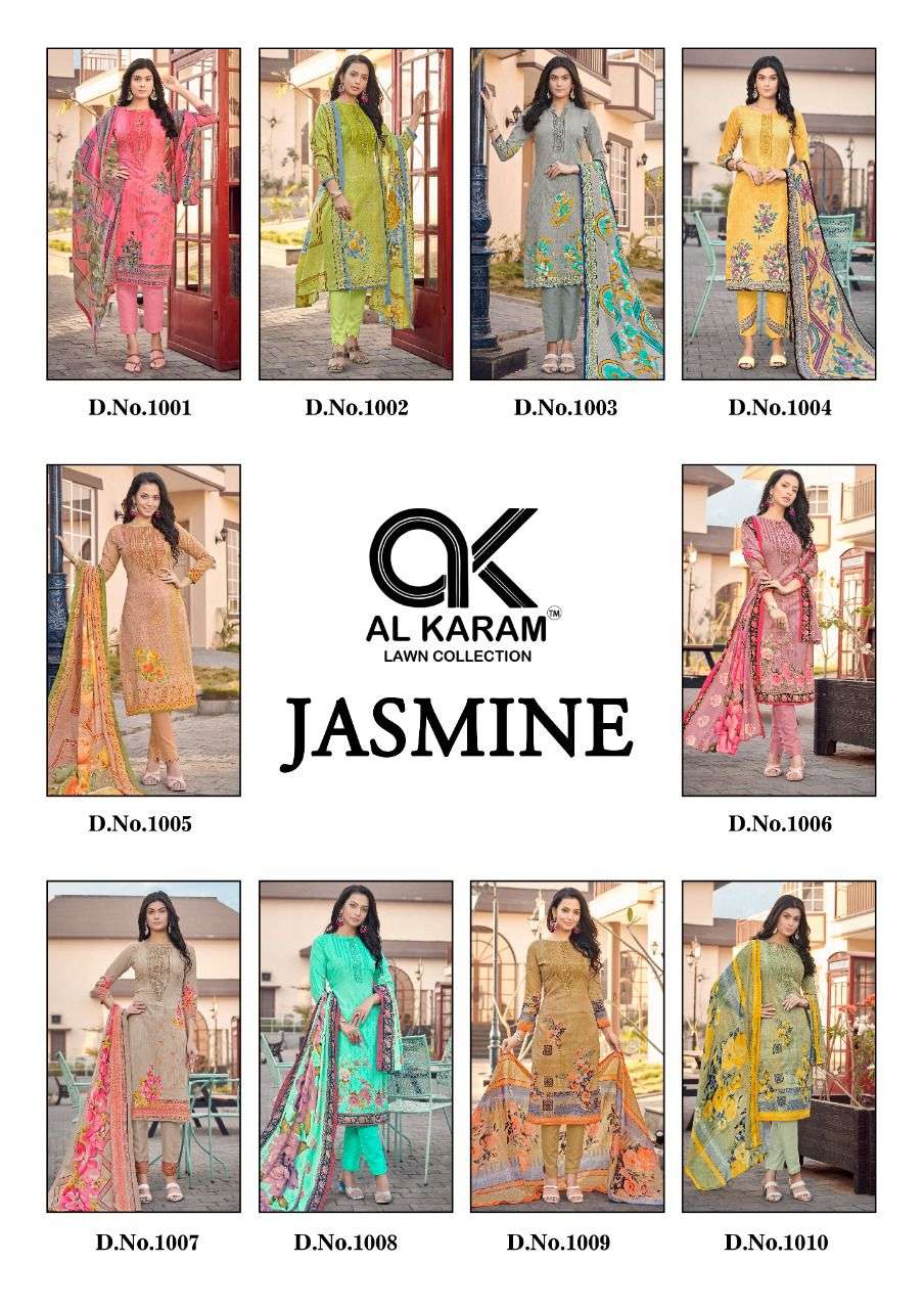 JASMINE BY AL KARAM LAWN COLLECTION 1001 TO 1010 SERIES BEAUTIFUL SUITS COLORFUL STYLISH FANCY CASUAL WEAR & ETHNIC WEAR PURE COTTON DRESSES AT WHOLESALE PRICE