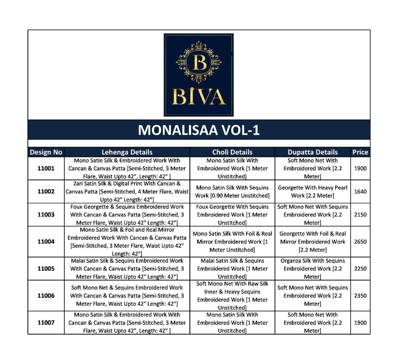 MONALISAA VOL-1 BY BIVA 11001 TO 11007 SERIES INDIAN TRADITIONAL BEAUTIFUL STYLISH DESIGNER BANARASI SILK JACQUARD EMBROIDERED PARTY WEAR SATIN SILK LEHENGAS AT WHOLESALE PRICE