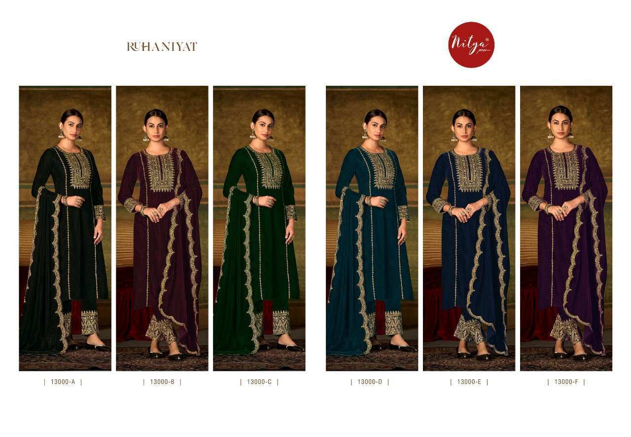 RUHANIYAT BY LT FABRICS 1300-A TO 1300-F SERIES BEAUTIFUL SUITS COLORFUL STYLISH FANCY CASUAL WEAR & ETHNIC WEAR VELVET DRESSES AT WHOLESALE PRICE