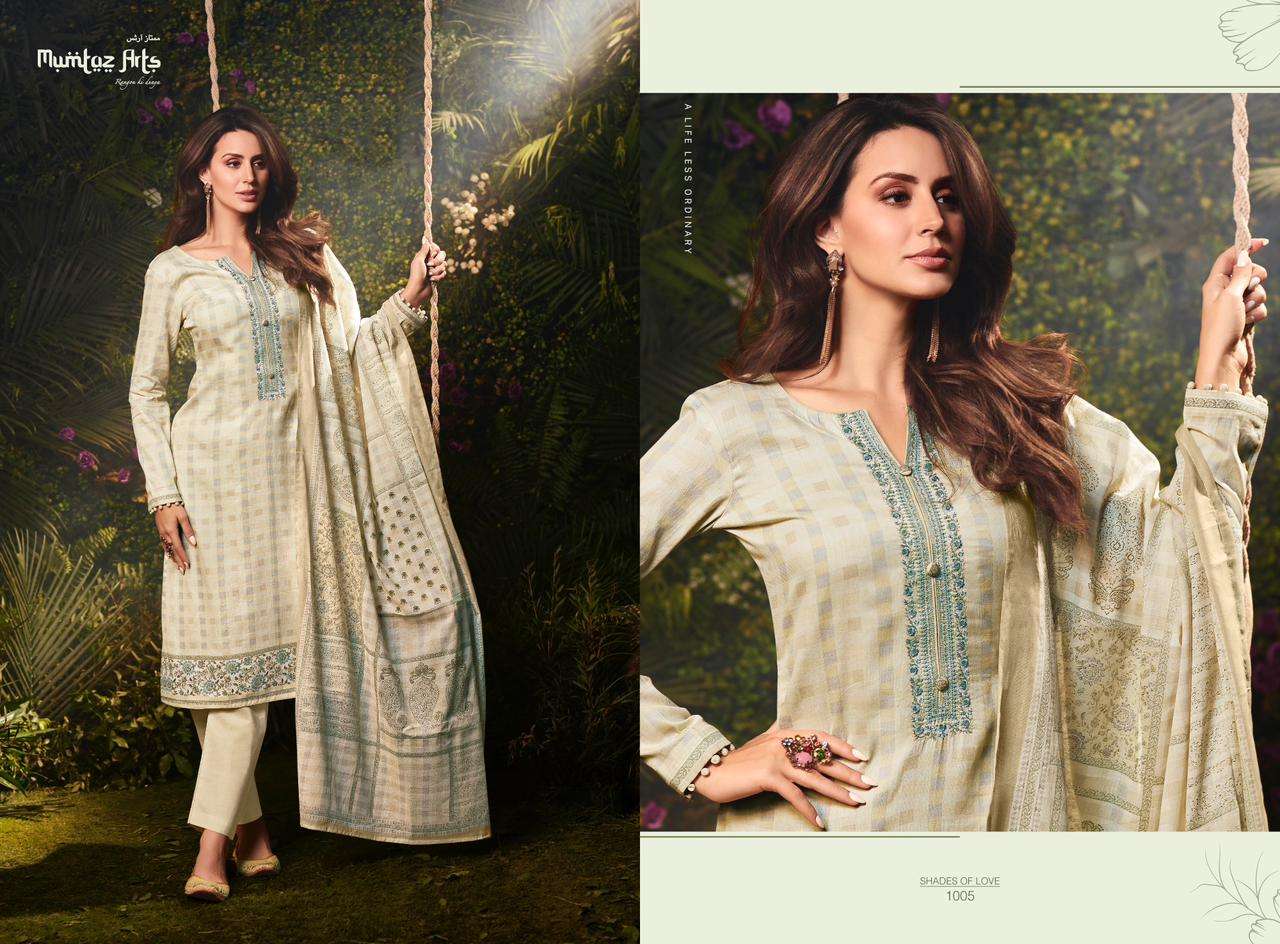 SHADES OF LOVE BY MUMTAZ ARTS 1001 TO 1006 SERIES BEAUTIFUL SUITS COLORFUL STYLISH FANCY CASUAL WEAR &  PURE VISCOSE  JAM SATIN WITH HEAVY EMBROIDERY DRESSES AT WHOLESALE PRICE