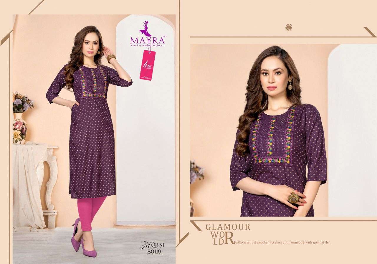 MORNI BY MAYRA 80119 TO 80226 SERIES DESIGNER STYLISH FANCY COLORFUL BEAUTIFUL PARTY WEAR & ETHNIC WEAR COLLECTION PURE RAYON KURTIS AT WHOLESALE PRICE