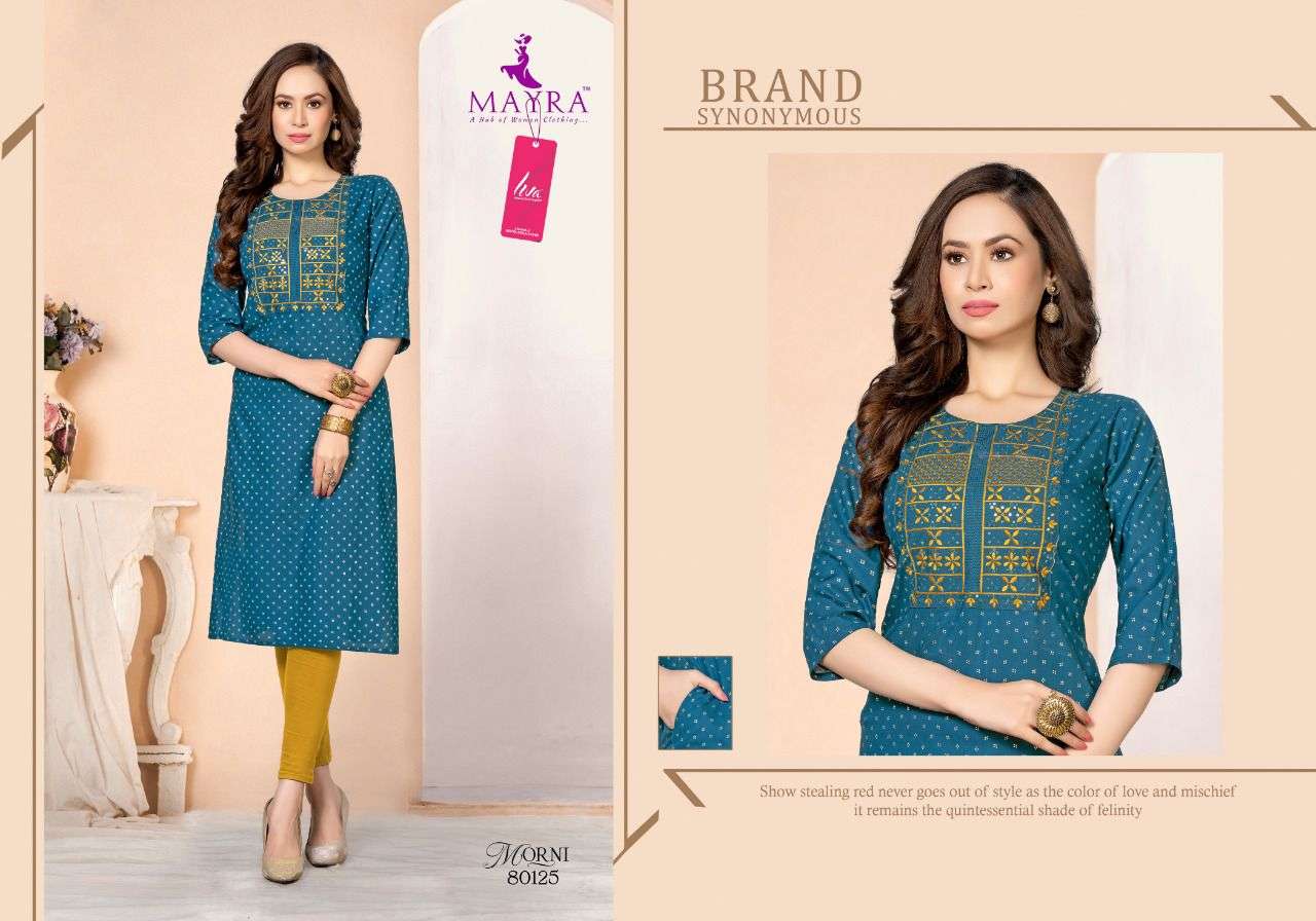 MORNI BY MAYRA 80119 TO 80226 SERIES DESIGNER STYLISH FANCY COLORFUL BEAUTIFUL PARTY WEAR & ETHNIC WEAR COLLECTION PURE RAYON KURTIS AT WHOLESALE PRICE