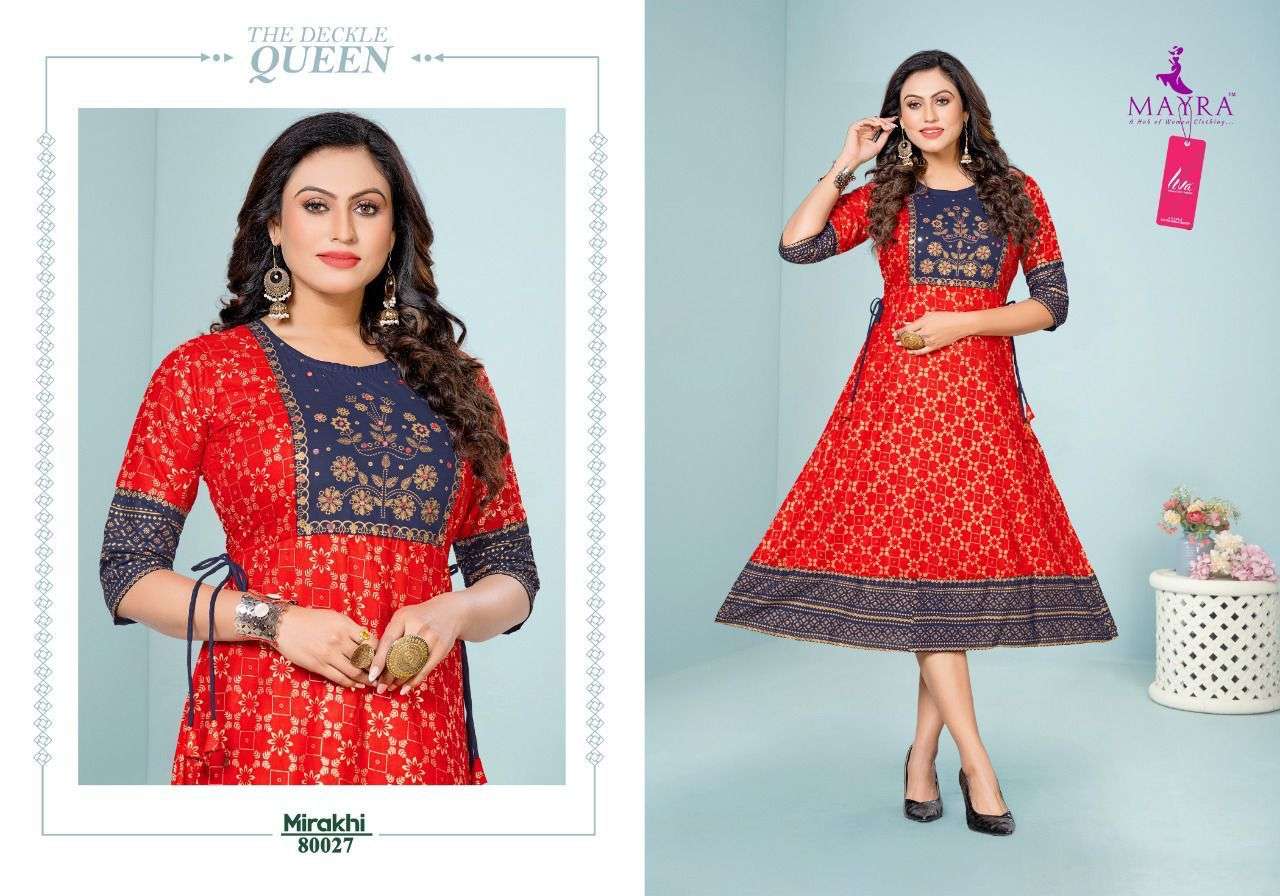 MIRAKHI BY MAYRA 80027 TO 80034 SERIES DESIGNER STYLISH FANCY COLORFUL BEAUTIFUL PARTY WEAR & ETHNIC WEAR COLLECTION PURE RAYON KURTIS AT WHOLESALE PRICE
