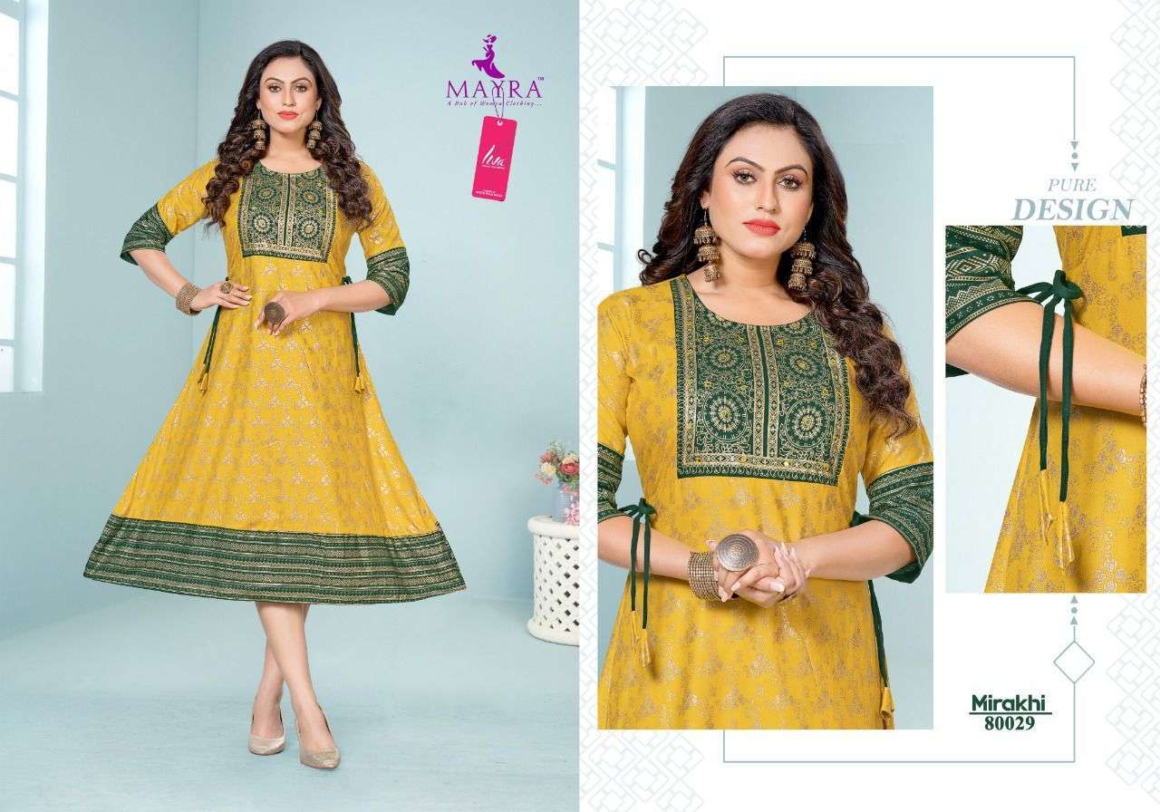 MIRAKHI BY MAYRA 80027 TO 80034 SERIES DESIGNER STYLISH FANCY COLORFUL BEAUTIFUL PARTY WEAR & ETHNIC WEAR COLLECTION PURE RAYON KURTIS AT WHOLESALE PRICE