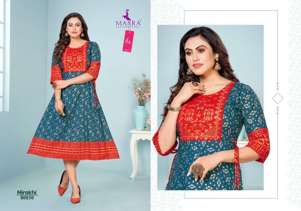 MIRAKHI BY MAYRA 80027 TO 80034 SERIES DESIGNER STYLISH FANCY COLORFUL BEAUTIFUL PARTY WEAR & ETHNIC WEAR COLLECTION PURE RAYON KURTIS AT WHOLESALE PRICE