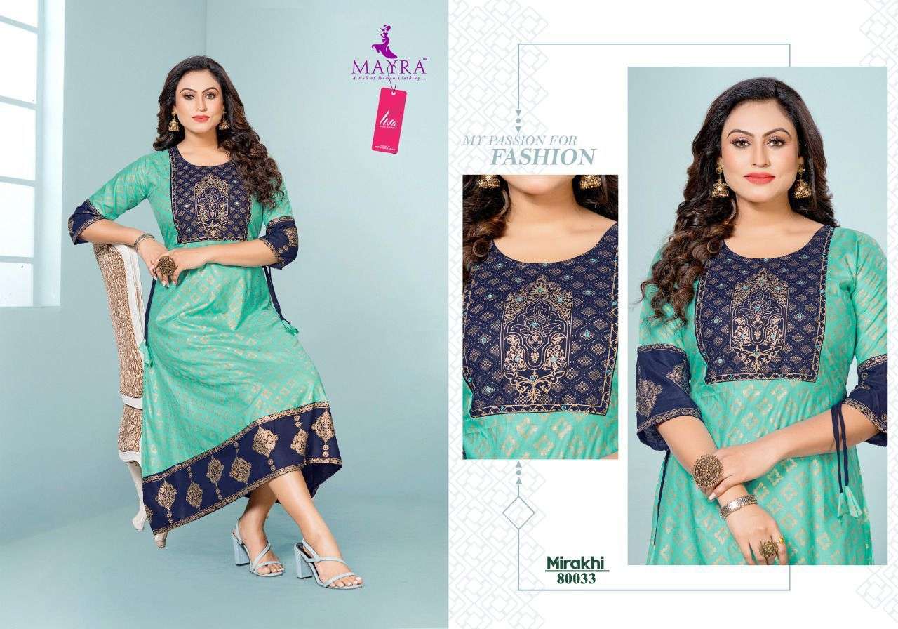 MIRAKHI BY MAYRA 80027 TO 80034 SERIES DESIGNER STYLISH FANCY COLORFUL BEAUTIFUL PARTY WEAR & ETHNIC WEAR COLLECTION PURE RAYON KURTIS AT WHOLESALE PRICE