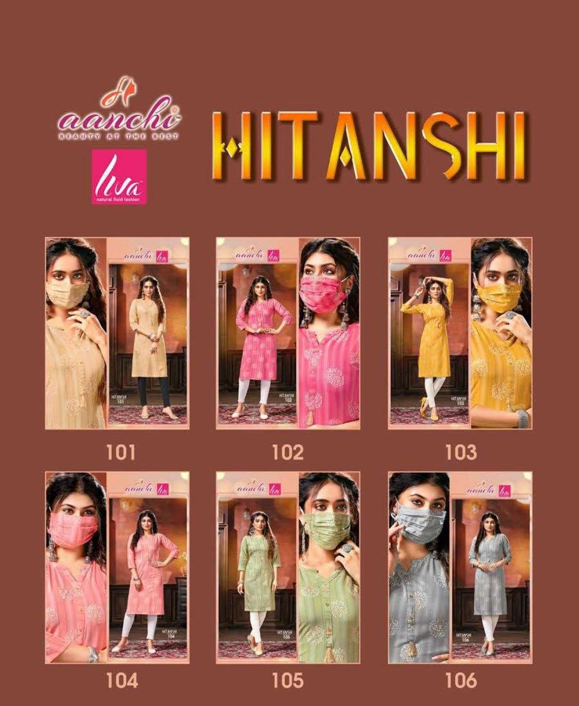 HITANSHI BY AANCHI 101 TO 106 SERIES DESIGNER STYLISH FANCY COLORFUL BEAUTIFUL PARTY WEAR & ETHNIC WEAR COLLECTION PURE RAYON KURTIS AT WHOLESALE PRICE