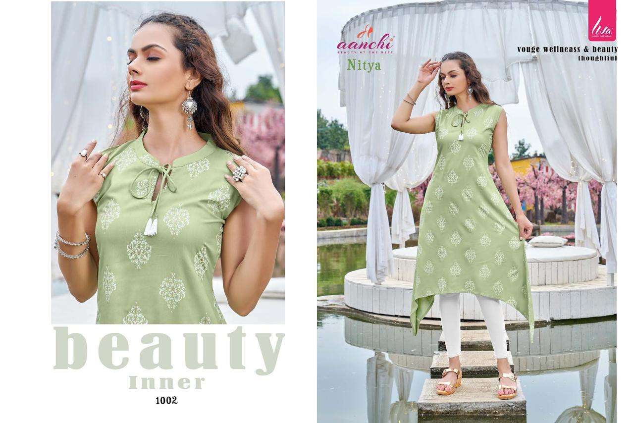 NITYA BY AANCHI 1001 TO 1006 SERIES DESIGNER STYLISH FANCY COLORFUL BEAUTIFUL PARTY WEAR & ETHNIC WEAR COLLECTION PURE RAYON KURTIS AT WHOLESALE PRICE