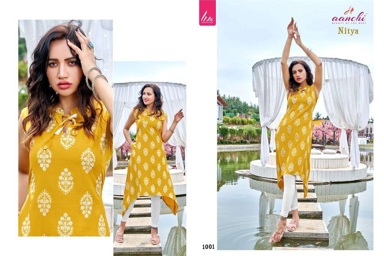 NITYA BY AANCHI 1001 TO 1006 SERIES DESIGNER STYLISH FANCY COLORFUL BEAUTIFUL PARTY WEAR & ETHNIC WEAR COLLECTION PURE RAYON KURTIS AT WHOLESALE PRICE