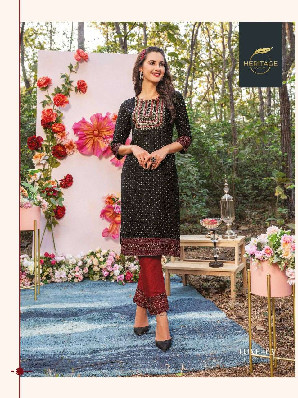 LUXE VOL-4 BY HERITAGE 401 TO 406 SERIES DESIGNER STYLISH FANCY COLORFUL BEAUTIFUL PARTY WEAR & ETHNIC WEAR COLLECTION PURE RAYON KURTIS WITH BOTTOM AT WHOLESALE PRICE