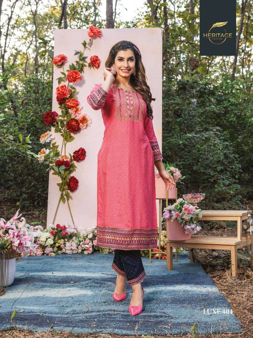 LUXE VOL-4 BY HERITAGE 401 TO 406 SERIES DESIGNER STYLISH FANCY COLORFUL BEAUTIFUL PARTY WEAR & ETHNIC WEAR COLLECTION PURE RAYON KURTIS WITH BOTTOM AT WHOLESALE PRICE