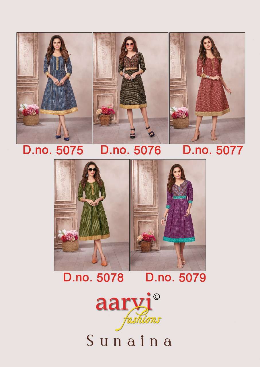 SUNAINA BY AARVI FASHION 5075 TO 5079 SERIES DESIGNER STYLISH FANCY COLORFUL BEAUTIFUL PARTY WEAR & ETHNIC WEAR COLLECTION COTTON KURTIS AT WHOLESALE PRICE